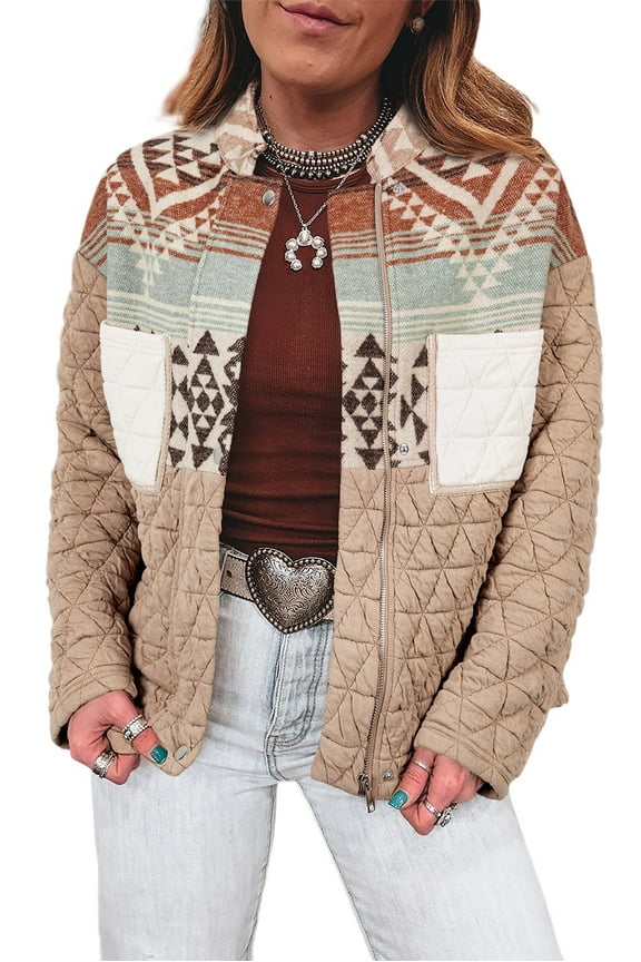 Light French Beige Aztec Quilted Patchwork Western Fashion Jacket for Women - [ZhiHiMeRi] | L
