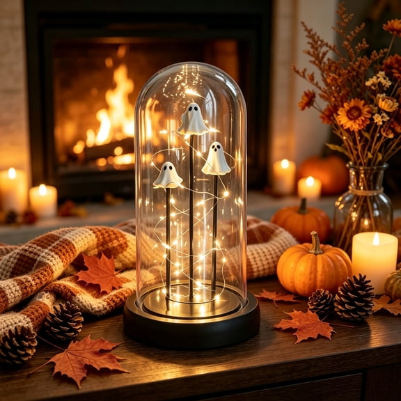 Light Up Ghost Decor, Halloween Ghost LED Table Lamp with Glass Dome and Warm Fairy Lights, Indoor Halloween Decorations for Mantel Shelf Bedroom Tabletop, Ghost Halloween Decor Holiday Gift