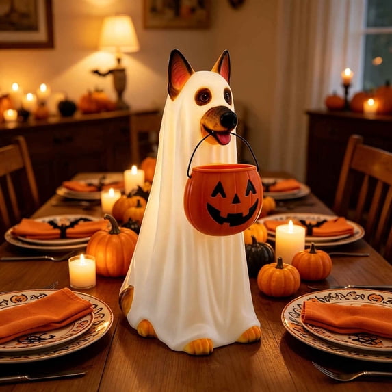 Light Up Ghost Dog Statue with Pumpkin Candy Bucket, Spooky Ghost Dog Halloween Figurine Freestanding Trick or Treat Candy Holder, Glowing Ghost Dog Indoor Outdoor Home Decor