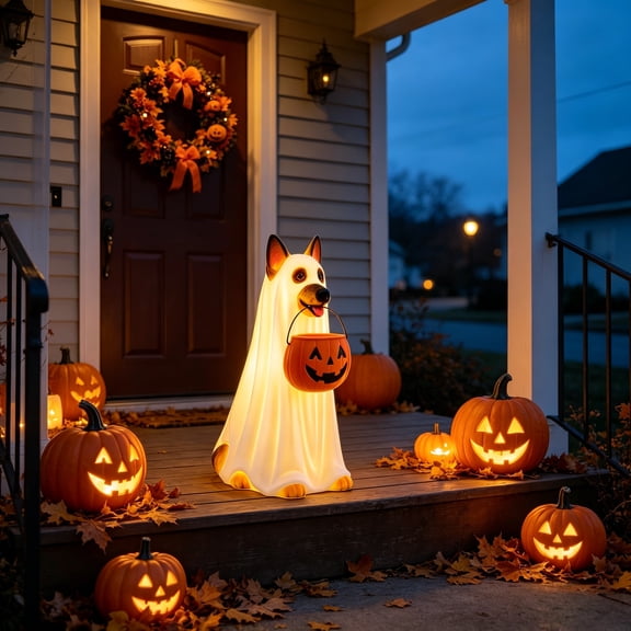 Light Up Ghost Dog Statue with Pumpkin Candy Bucket, Waterproof LED Outdoor Yard Decor, Cute Halloween Porch Garden Ornament, Trick or Treat Resin Figure