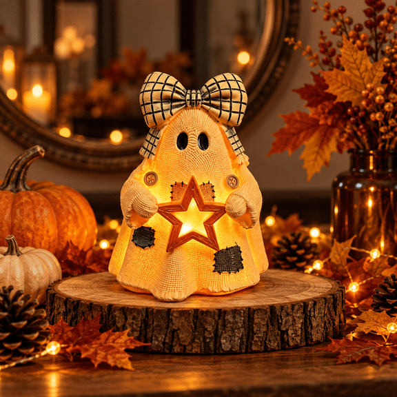 Light Up Ghost Figurine, Fluffy-Finish Halloween Ghost Decoration with Warm LED Lantern, Cute Spooky Collectible Resin Statue for Indoor Tabletop Desk and Holiday Decor(USB interface)