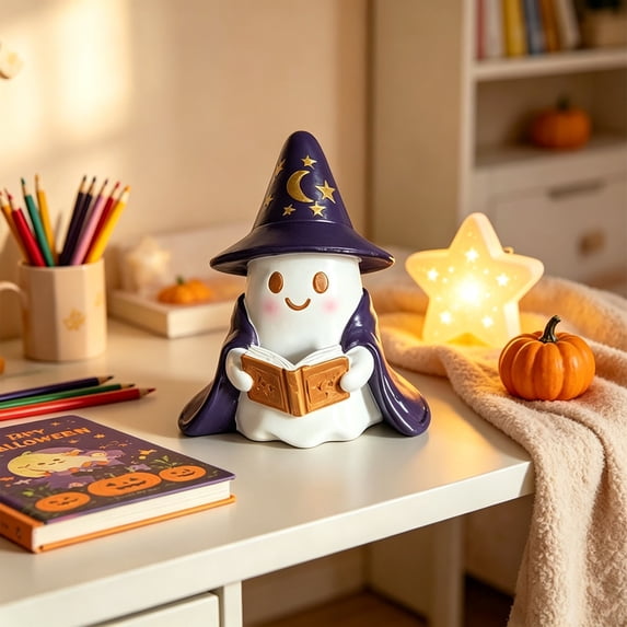 Light up Ghost Figurines with Spooky Witch Hat Accents, Handcrafted Resin Ghosts with Battery-Powered LED - Festive Tabletop Decor for Halloween Party, Home & Indoor Display