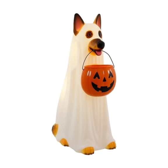 Light Up Ghost German Shepherd Dog Statue, LED Glowing BlowMolded Halloween Decor with Pumpkin Candy Bucket, Waterproof Outdoor Yard Porch Lawn Holiday Ornament