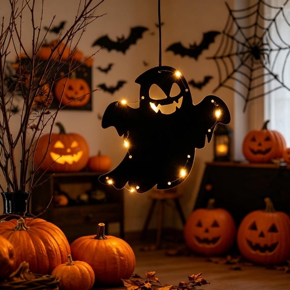 Light Up Ghost Hanging Sign Halloween Decor, Warm LED String Lights Ghost Door Hanging Ornament, Battery Operated Spooky Ghost Wall Pendant For Front Door Indoor Halloween Party Atmosphere Decor
