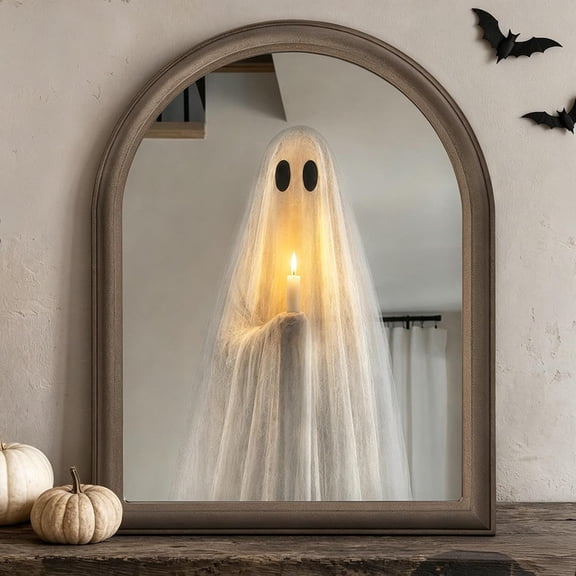 Light Up Ghost Mirror, Novelty Ghost Holding Candle On Mirror, Halloween GhostMirror Lighted Holiday Displays, Spooky Halloween Decorations Indoor for Wall Table Mantel Room Home Office Party