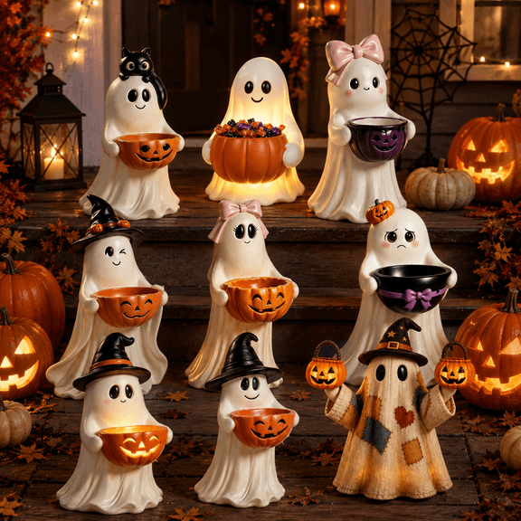 Light Up Ghost Pumpkin Candy Bowl Halloween Decor Sticker, Plastic Warm LED Glowing Ghost Treat Bowl Pattern Decal, Halloween Vinyl Sticker for Front Porch, Yard, Entryway, Indoor Outdoor Display