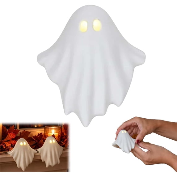 Light Up Ghost Table Decor, Sitting Glowing Ghost Shelf Ornaments with Warm LED Light, Cute Halloween Ghost Figurines for Bookshelf Mantel Desk, Cozy Fall Home Decor Accent (1PC)