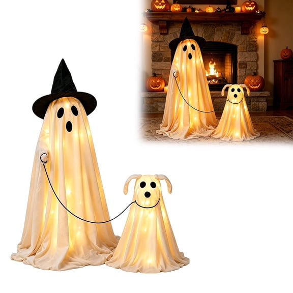 Light Up Ghost Walking Ghost Dog Yard Decor Set, Fabric Witch Ghost & Ghost Puppy LED Lights Ornament, Battery Operated Halloween Outdoor Lawn Porch Decoration 65cm