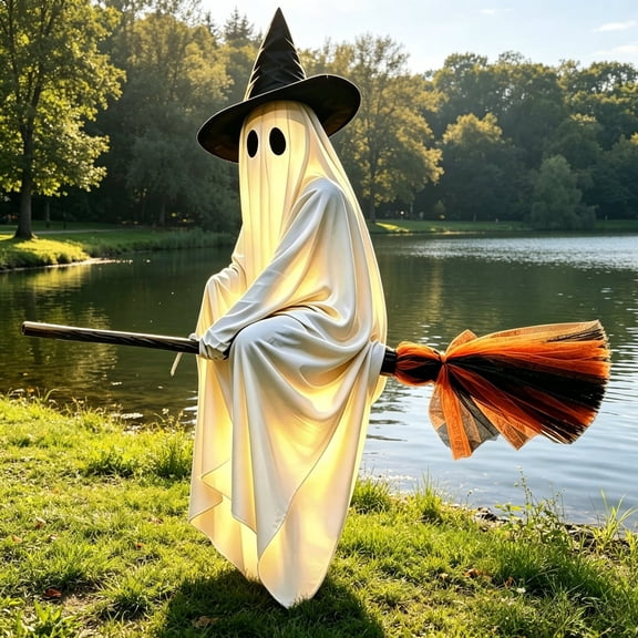 Light Up Ghost Witch Hanging Decor with Broom, Glowing White Fabric Ghost Ornament Wearing Witch Hat, Spooky Floating Ghost Prop for Front Porch Tree Haunted House Halloween Party Decor 110cm