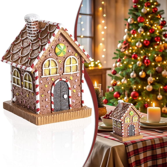 Light Up Gingerbread Houses,Gingerbread House Decorations,LED Christmas Gingerbread House Figurine,Lighted Candy Cane Xmas Village House Battery Operated Peppermint House Centerpiece,1PCS
