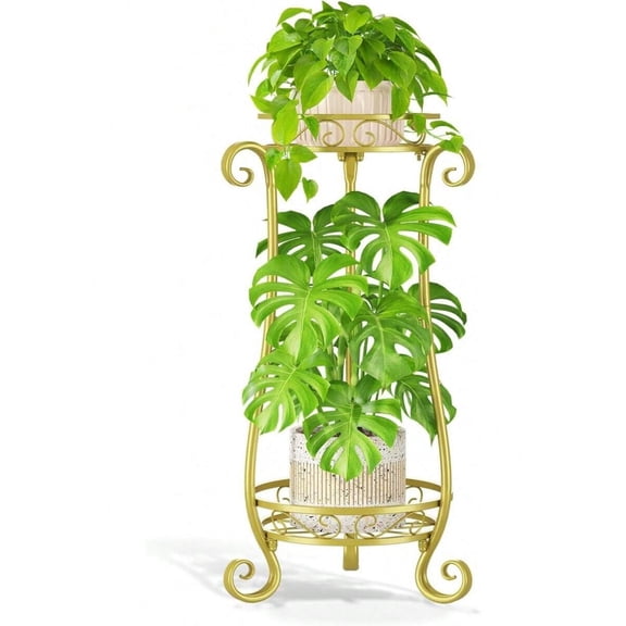 Light Gold 2-Tier 61.5 Inch Tall Indoor Plant Stand With Ornate Scroll Metal Frame, Sturdy Vertical Flower Shelf Organizer