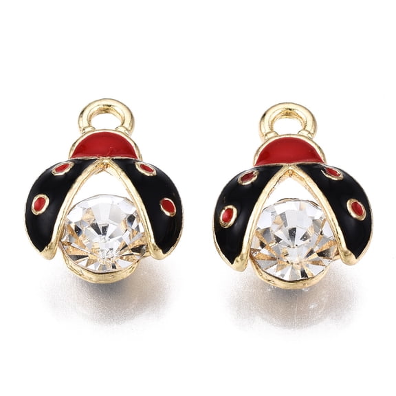 Light Gold Alloy Pendants with Enamel and Rhinestone Cadmium Free & Lead Free Ladybug Black 15x11.5x7mm Hole: 2mm