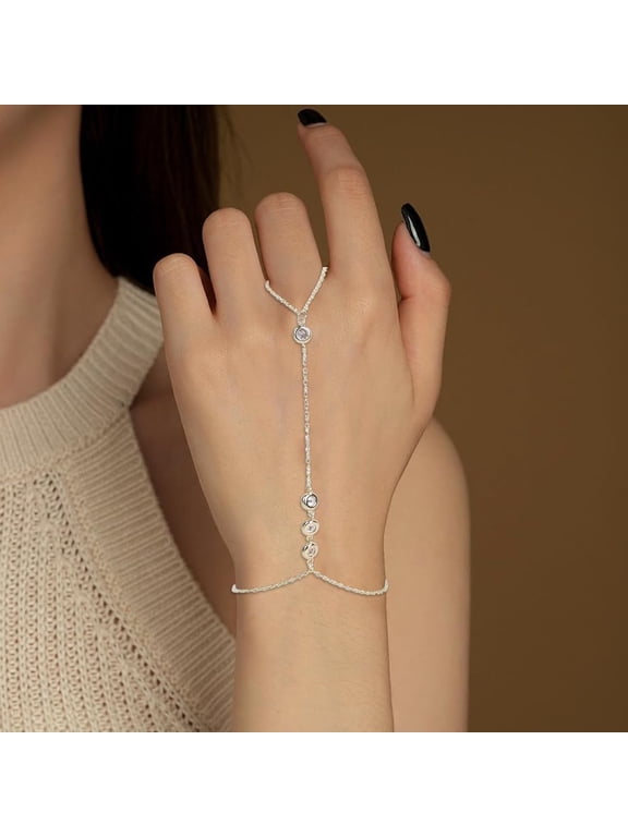 Light Gold Hand Chain Dainty Stainless Steel Rhinestone Mittens Bangles Flat Round Link Finger Ring Cuff Bracelets Hand Jewelry for Women Trendy 7-1/8 inch(18cm)