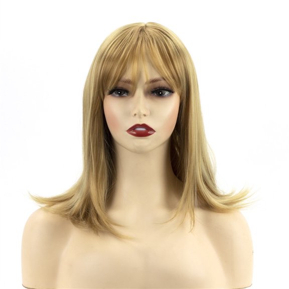 Light Gold Medium To Long Layered Broken Hair Wig For Women, With Air Bangs And Long Hair For Daily Commuting