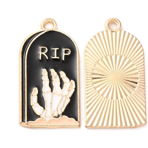 Light Gold Plated Alloy Enamel Pendants Cadmium Free & Nickel Free & Lead Free Tombstone with Skeleton Hand Charm Black 27x14x1.3mm Hole: 1.8mm