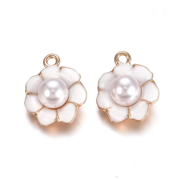 Light Gold Plated Alloy Enamel Pendants with Acrylic Imitation Pearl Flower White 20x16.5x8.5mm Hole: 1.5mm