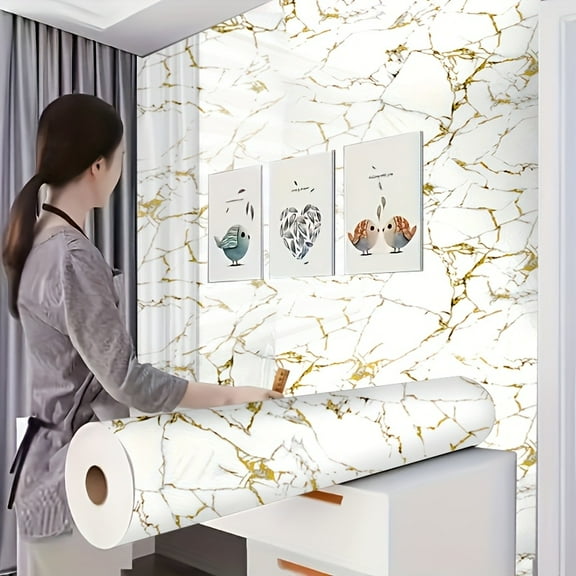 Light Golden Marble Pattern Wallpaper - Waterproof Vinyl Decorative Film 397 Inch Self-adhesive Removable, Suitable for Kitchens Bathrooms
