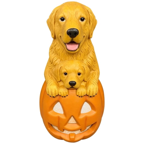 Light Up Golden Retriever Mom & Puppy Resin Statue, Weather‑Resistant Halloween Pumpkin Decor, LED Figurine for Porch, Garden, Indoor Outdoor Fall Display