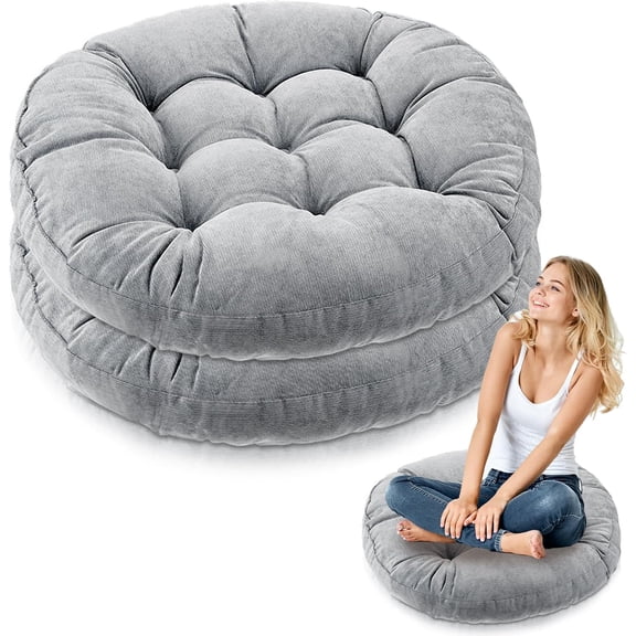 Light Gray 2 Pcs Large Floor Pillow Cushion,Round 22 x 22 Round Square Flexible Seating Floor Meditation Pillow for Classroom Adult Picnic Party Learning Daycare School Reading Corner