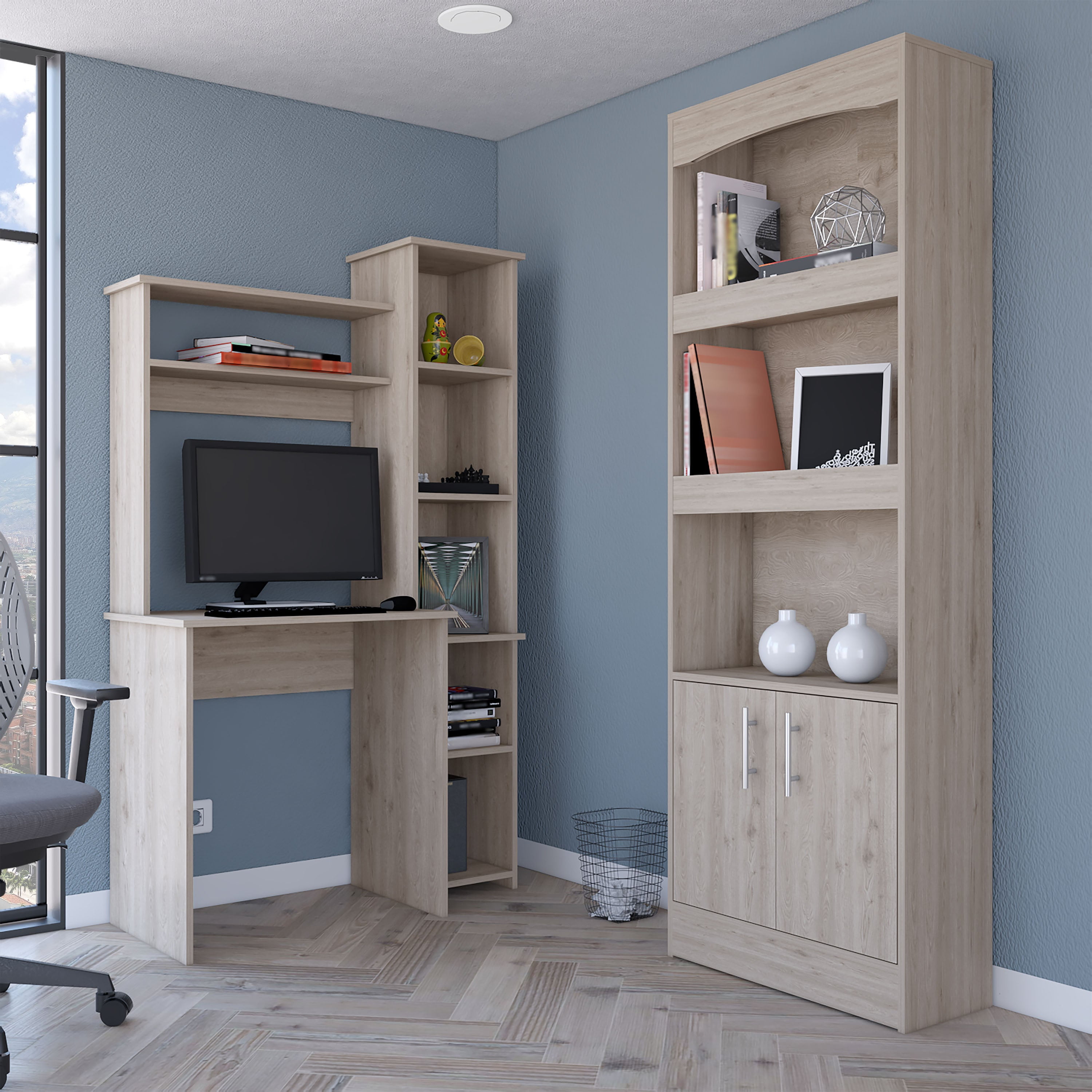 Light Gray 2Piece Office Set Desk and Bookshelf Combo for Modern