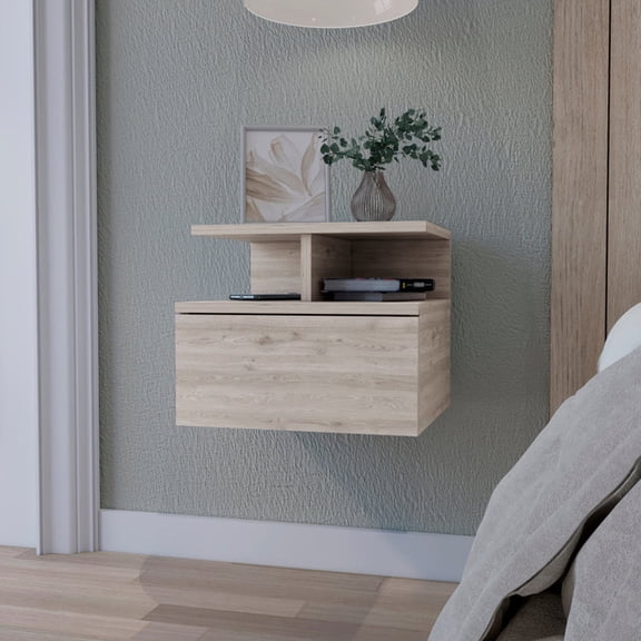 Light Gray 2-Tier Shelf & 1 Drawer Floating Nightstand / Wall-Mounted for Bedroom Use