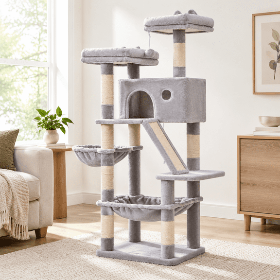Light Gray 57.5 Inches Sturdy Cat Tree Tower for Indoor Large Adult Cats