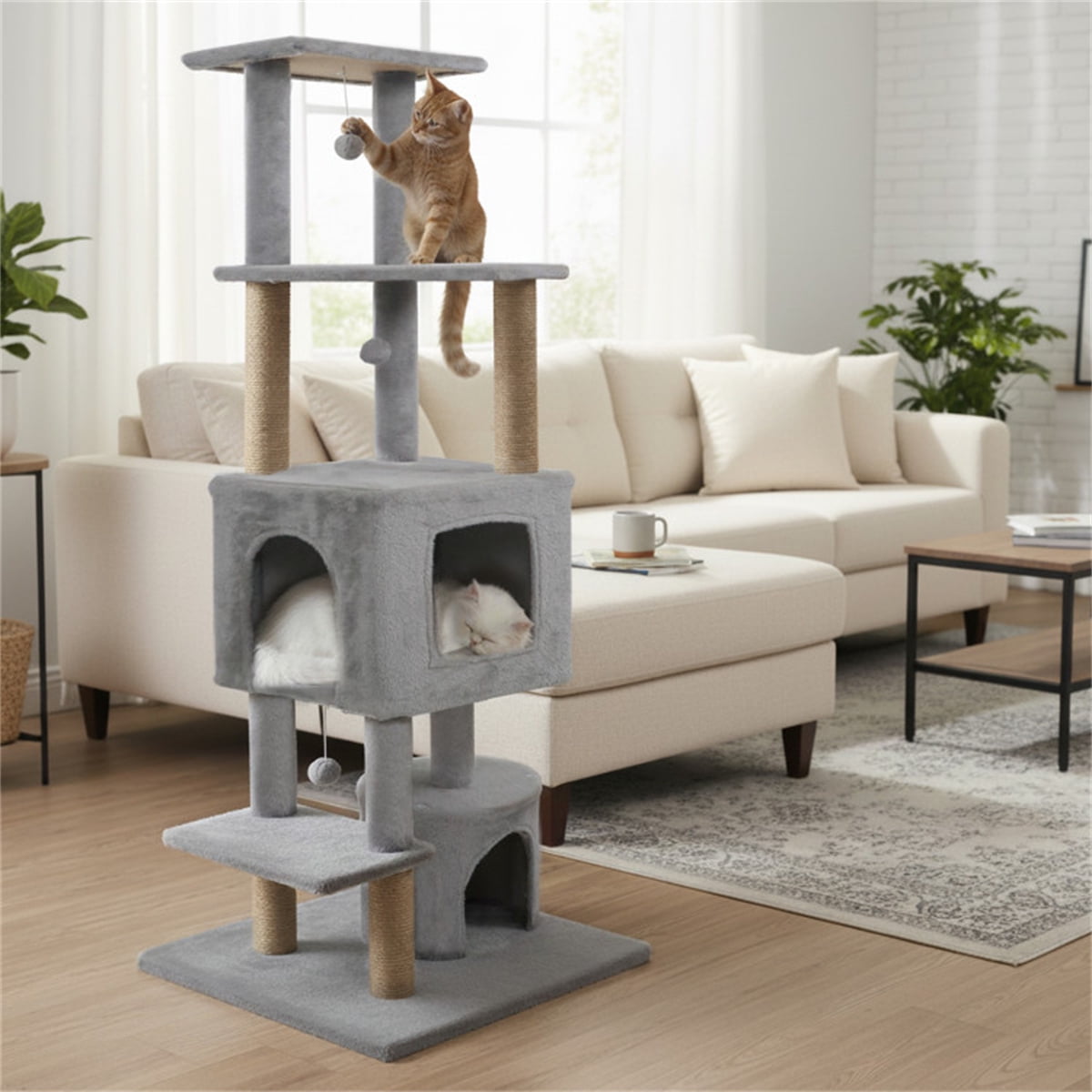 Light Gray 64 Inch Cat Tower with Plush Perches 3 Dangling Balls Jute Scratching Posts and Anti Tipping Device for Multi Cat Households