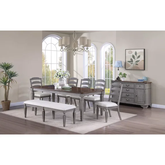 Light Gray 8pc Dining Set 2-Tone Dining Table Ladder Back Chairs Upholstered Seat Bench Contemporary Wooden Furniture