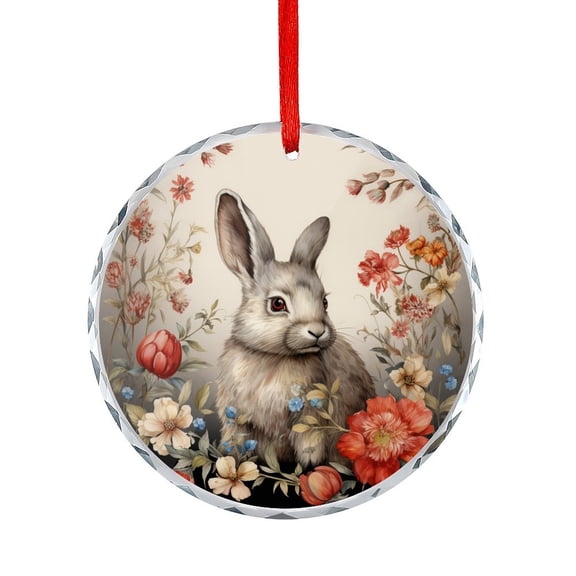 Light Gray And Crimson Rabbit And Flower Ornament Xmas Decor Indoor Home Holiday Party Gifts Spring Summer Wild Animals Rabbit Round Ornament