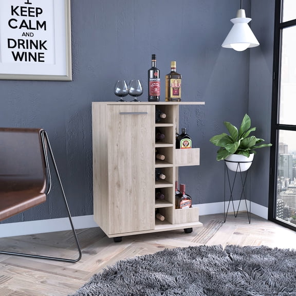 Light Gray Bar Cart | Open Shelves with Rail Guards for Safety | Mainly Particle Board | Fixes the Risk of Bottles Falling