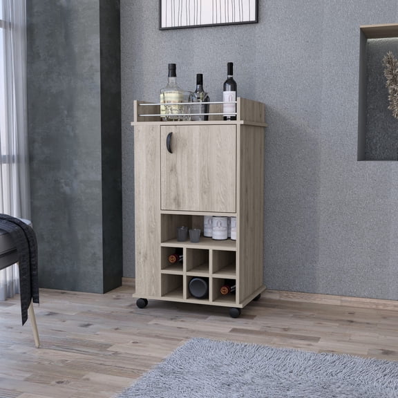 Light Gray Bar Cart with Single Door and 6 Wine Slots / Suitable for Home Bars