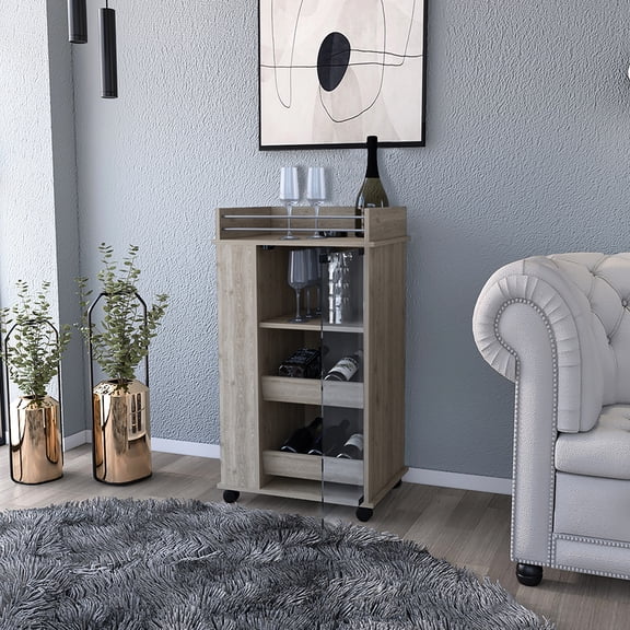 Light Gray Bar Cart with Two-Side Shelves | Glass Door Adds Style, Suitable for Drink Storage | Convenient Mobility for Any Event