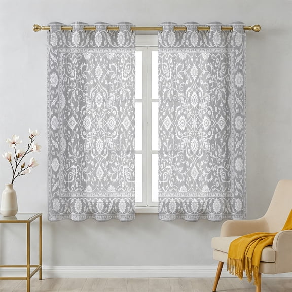 Light Gray Boho Paisley Sheer Curtains 45 Inch Long 2 Panels, Vintage Floral Classic Traditional Light Filtering Semi Sheer Drapes Grommet Voile Window Curtain for Living Bedroom W42 x L45
