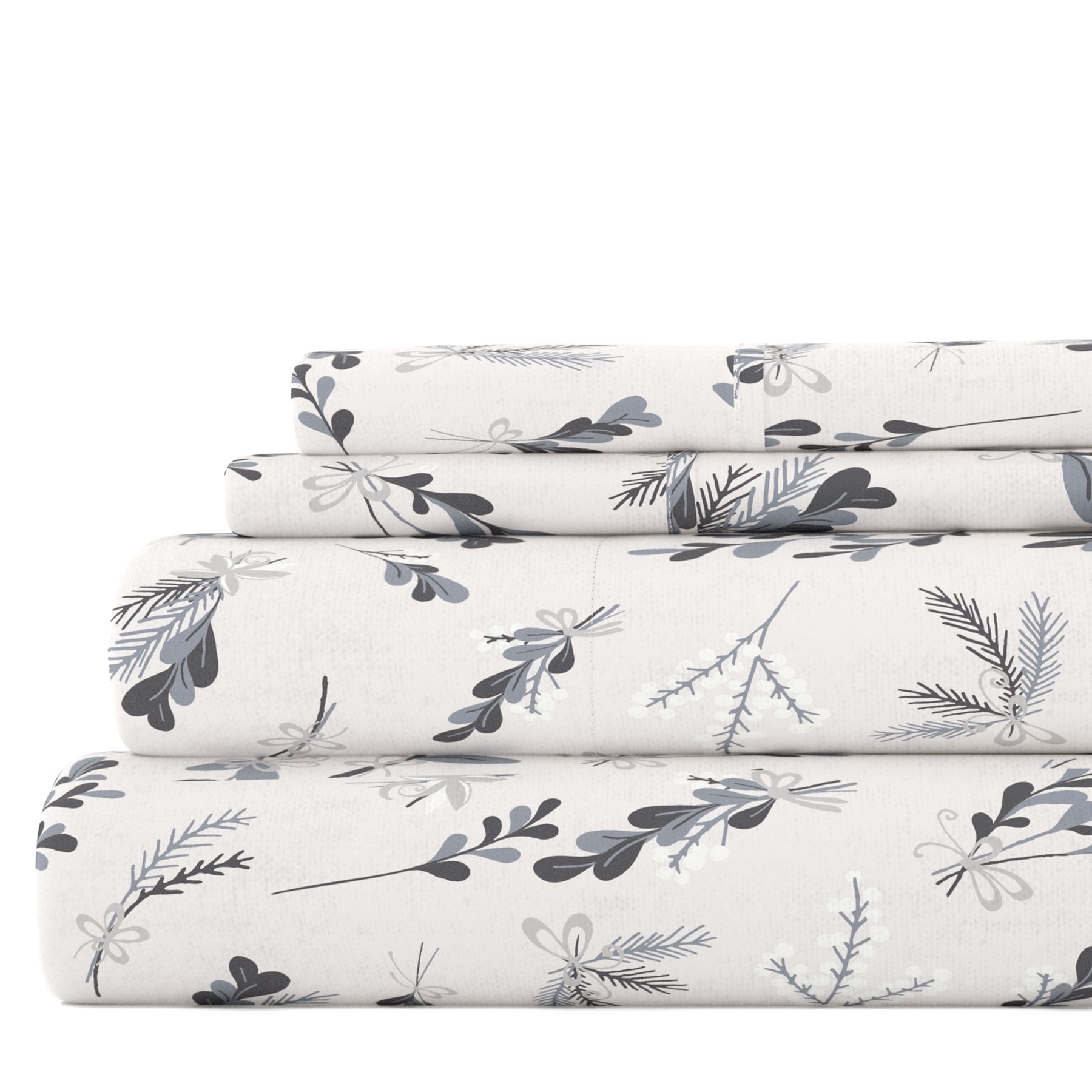 Light Gray Botanical 4 Piece 100% Cotton Flannel Deep Pocket Sheet Set, Twin, by Noble Linens