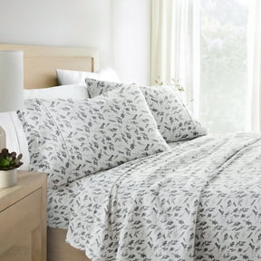 Light Gray Botanical 4 Piece 100% Cotton Flannel Deep Pocket Sheet Set, King, by Noble Linens