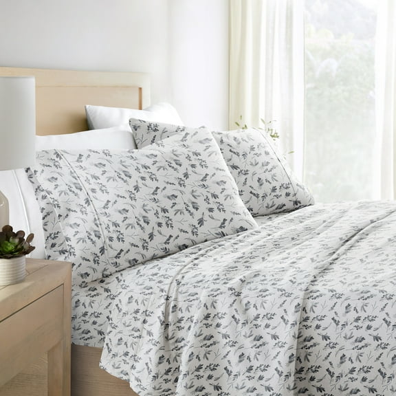 Light Gray Botanical 4 Piece 100% Cotton Flannel Deep Pocket Sheet Set, Queen, by Noble Linens