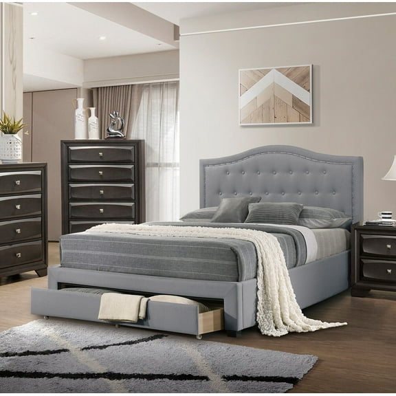 Light Gray Burlap Fabric Tufted Headboard Storage Footboard California King Size Bed 1pc Bedroom Furniture Particle Board