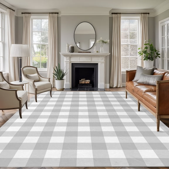 Light Gray Checks 5'x7' Rug for Living Room Sofa and Coffee Table Layout, Gingham Plaid Abstract Modern Minimalist Washable Non Slip Rectangle Area Rug