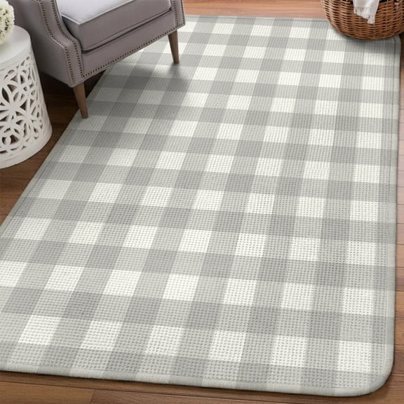 Light Gray Checks Area Rugs for Living Room 5x6, Gingham Plaid Abstract Modern Minimalist Washable Area Rug Non Slip, Stain Resist Linen Carpet for Bedroom, Dining Room, Entryway, Entrance