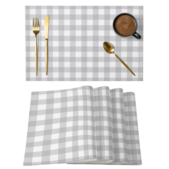 Light Gray Checks Cotton Linen Placemats Set of 2, Gingham Plaid Abstract Modern Minimalist Washable Table Place Mats Heat Insulating Placemat for Dining Room Kitchen Daily Use 13 x 19 Inch