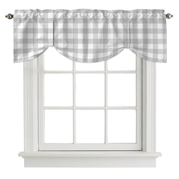 Light Gray Checks Tie Up Valances Curtain, Gingham Plaid Abstract Modern Minimalist Kitchen Valances for Windows Decor, Rod Pocket Short Curtains Set for Bedroom/Bathroom, 54"x18"