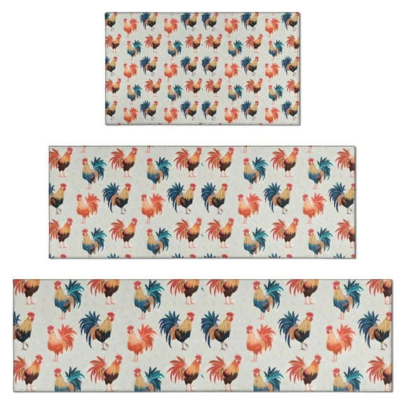 Light Gray Chicken Rooster Pattern Kitchen Rugs Sets Of 3,Kitchen Runner Rugs Non Skid Washable,Decorative Kitchen Floor Mats for Kitchen,Sink,Laundry,17"x30"+ 17"x47" + 17"x59"