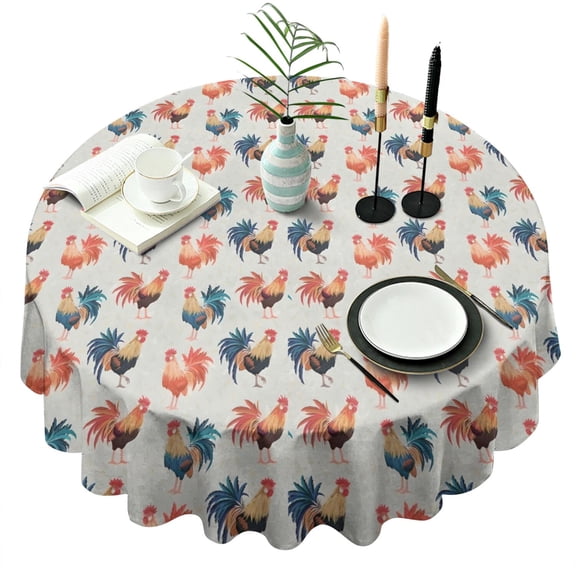 Light Gray Chicken Rooster Pattern Round Tablecloth 60"x60",Wrinkle Wipeable Table Cloth for Kitchen Dining Room Picnic Patio Party