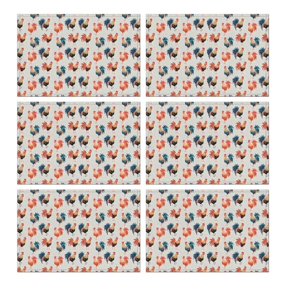 Light Gray Chicken Rooster Pattern Summer Placemats Table Placemats Set Of 6-Linen Kitchen Washable Placemats Table Mats 11.8"x17.7" Non-Slip Heat Resistant