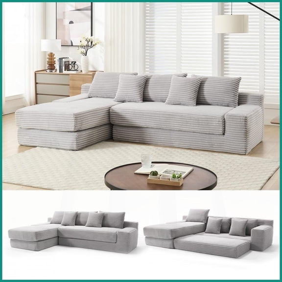 Light Gray Corduroy L-Shaped Convertible Sofa Bed - No Assembly Modular Couch for Living Room & Bedroom