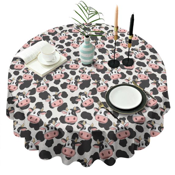 Light Gray Cow Black Spot Pattern Round Tablecloth 60"x60",Wrinkle Wipeable Table Cloth for Kitchen Dining Room Picnic Patio Party