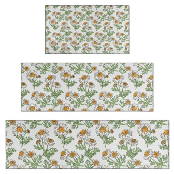 Light Gray Daisy Flower Pattern Kitchen Rugs Sets Of 3,Kitchen Runner Rugs Non Skid Washable,Decorative Kitchen Floor Mats for Kitchen,Sink,Laundry,17"x30"+ 17"x47" + 17"x59"