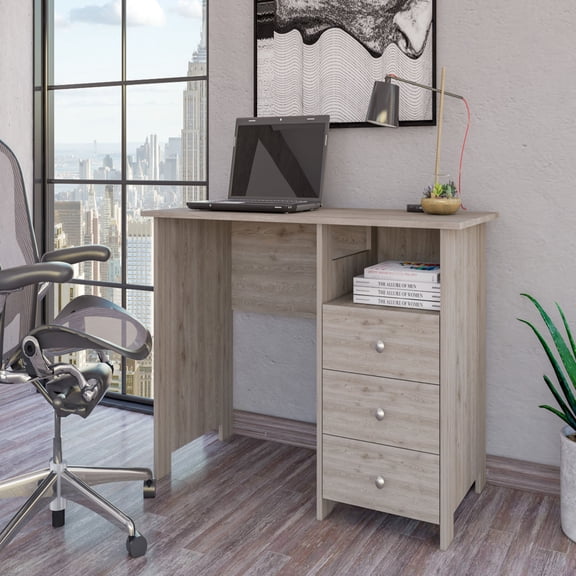 Light Gray Desk for Computer | Open Shelf & 3 - Drawer Setup | Particle Board Build | Meet Small Workspace Demands