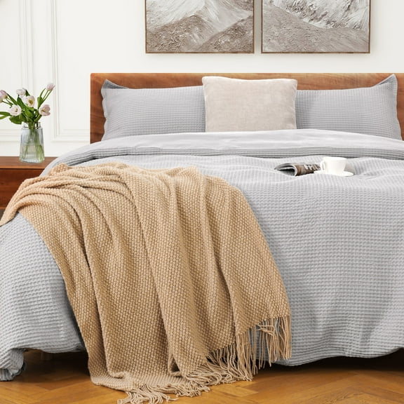 Light Gray Duvet Cover Queen Size 100% Cotton,Waffle Weave Soft and Breathable 3 PCs Bedding Set,1 Duvet Cover and 2 Pillow Sham