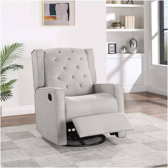 Light Gray Fabric Swivel Glider Recliner Chair with Tufted Back and Manual Recline